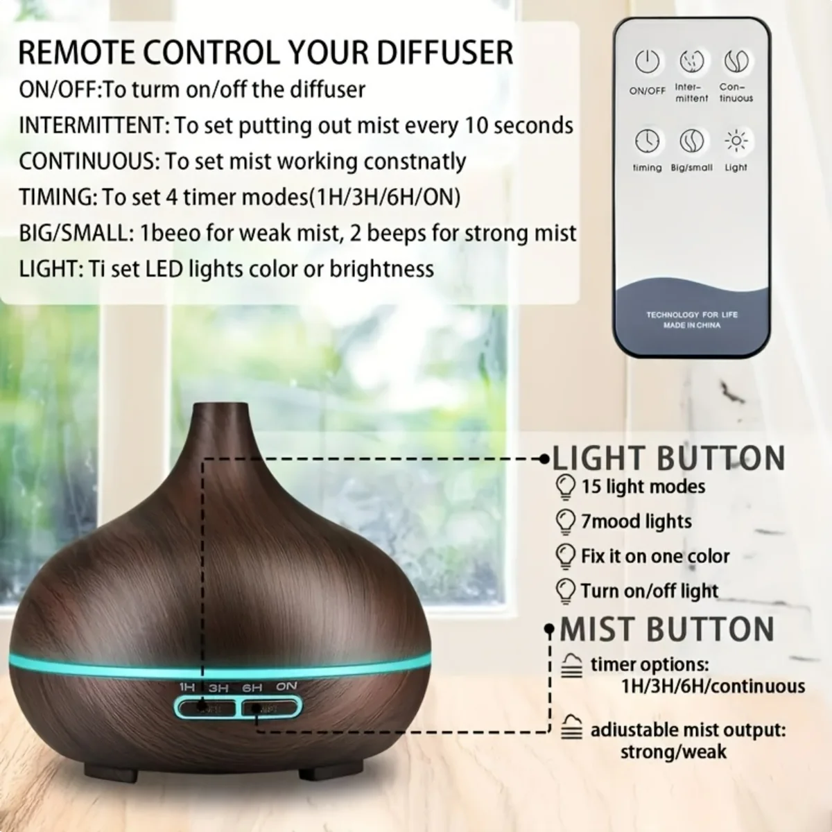 550ml Essential Oil Diffuser with Remote Control, Ultrasonic Humidifier, 7 Color LED Light & 6 Oils
