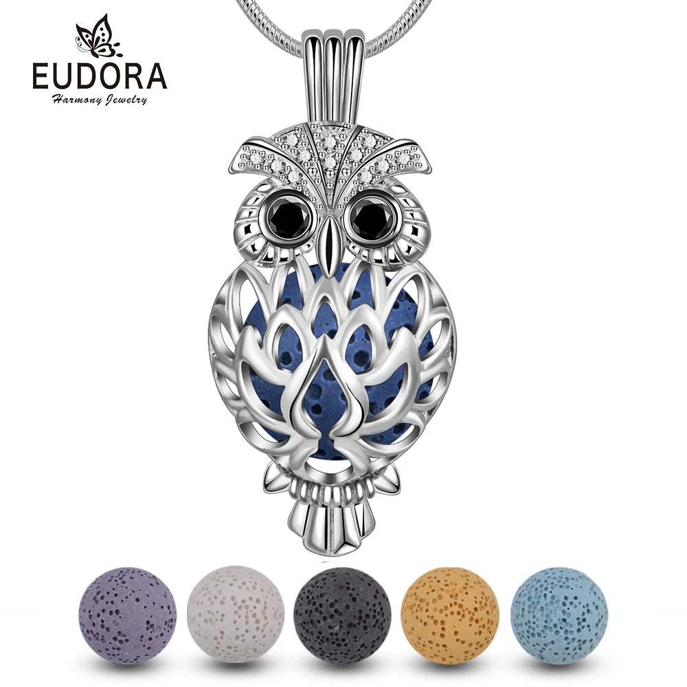 Eudora 14 mm Owl Cage Locket Lava Stone Pendant Perfume Aromatherapy Locket Diffuser Necklace For Women DIY Jewelry K332N14