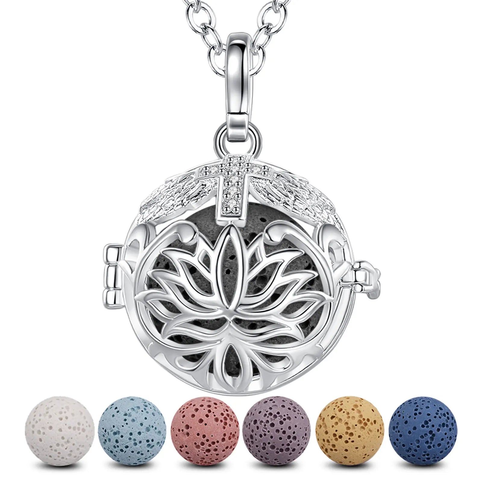 Eudora NEW DIY Lotus Cross Aroma Diffuser Pendant Floating Locket Cage Pendant with 5PC Lava Stone Volcanic Necklace Nice gift