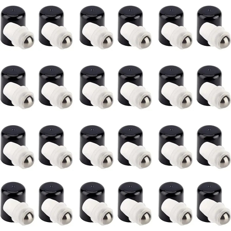 24Sets Essential Oil Roller Inserts Kit Stainless Steel Roller Balls and Black Bottle Cap for 5~15ml Essential Oils Cosmetics