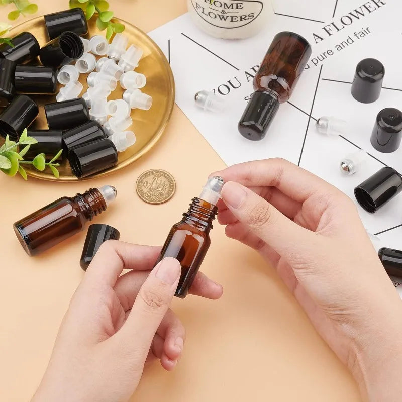 24Sets Essential Oil Roller Inserts Kit Stainless Steel Roller Balls and Black Bottle Cap for 5~15ml Essential Oils Cosmetics