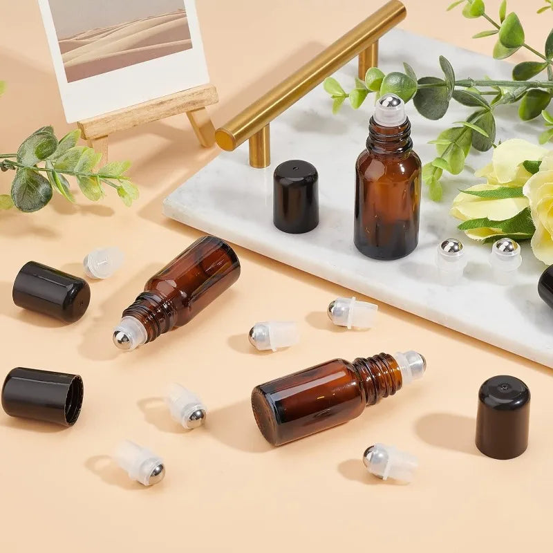 24Sets Essential Oil Roller Inserts Kit Stainless Steel Roller Balls and Black Bottle Cap for 5~15ml Essential Oils Cosmetics