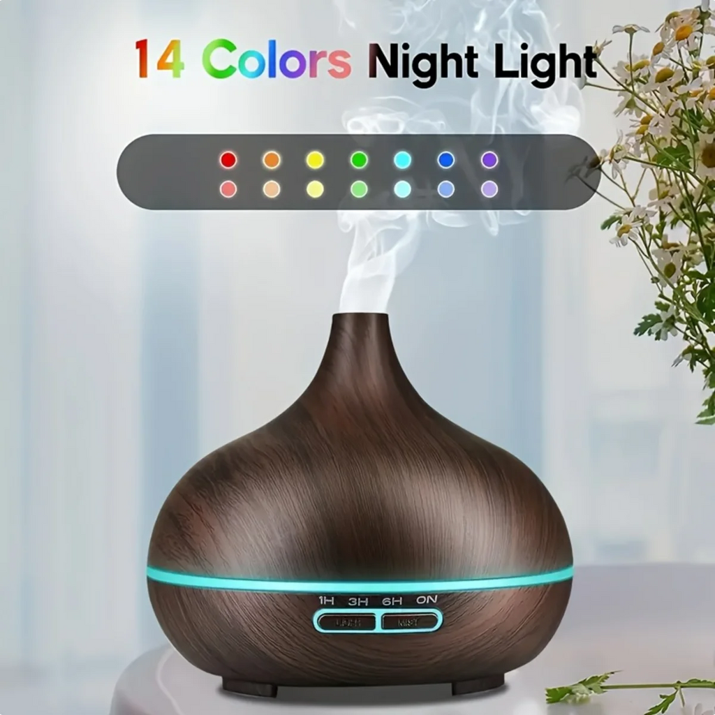 550ml Essential Oil Diffuser with Remote Control, Ultrasonic Humidifier, 7 Color LED Light & 6 Oils