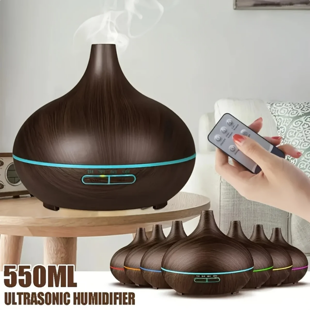 550ml Essential Oil Diffuser with Remote Control, Ultrasonic Humidifier, 7 Color LED Light & 6 Oils