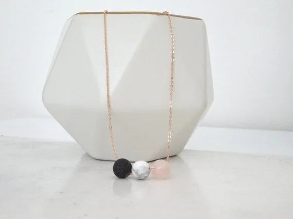 Lava rock Necklace Rose Quartz and Marble Diffuser  Aromatherapy necklace