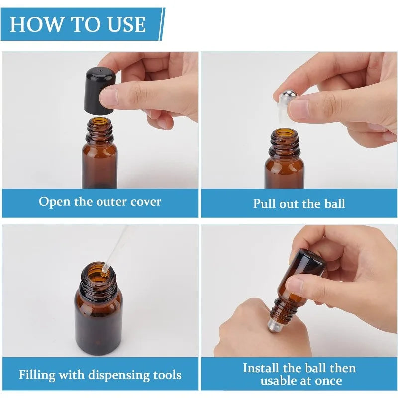 24Sets Essential Oil Roller Inserts Kit Stainless Steel Roller Balls and Black Bottle Cap for 5~15ml Essential Oils Cosmetics