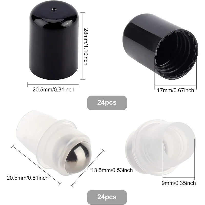 24Sets Essential Oil Roller Inserts Kit Stainless Steel Roller Balls and Black Bottle Cap for 5~15ml Essential Oils Cosmetics