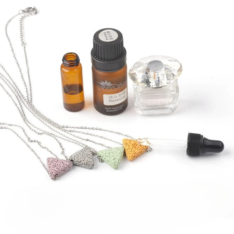 10pcs Colourful Triangle Lava Stone Essential Oil Diffuser Necklace Aromatherapy Volcanic Rock Stainlesss Steel Chain Jewelry